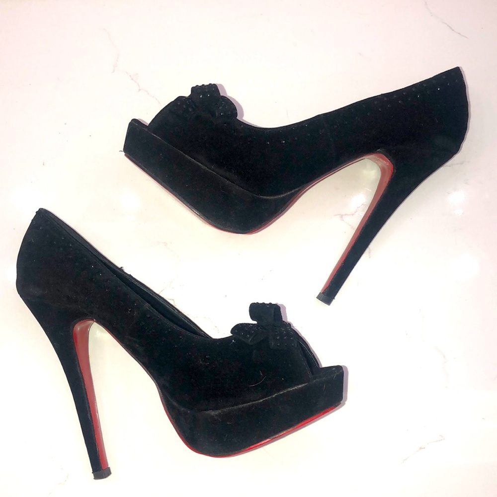 Red Bottom Prom Peep Toe Platform Heels in Black Velvet